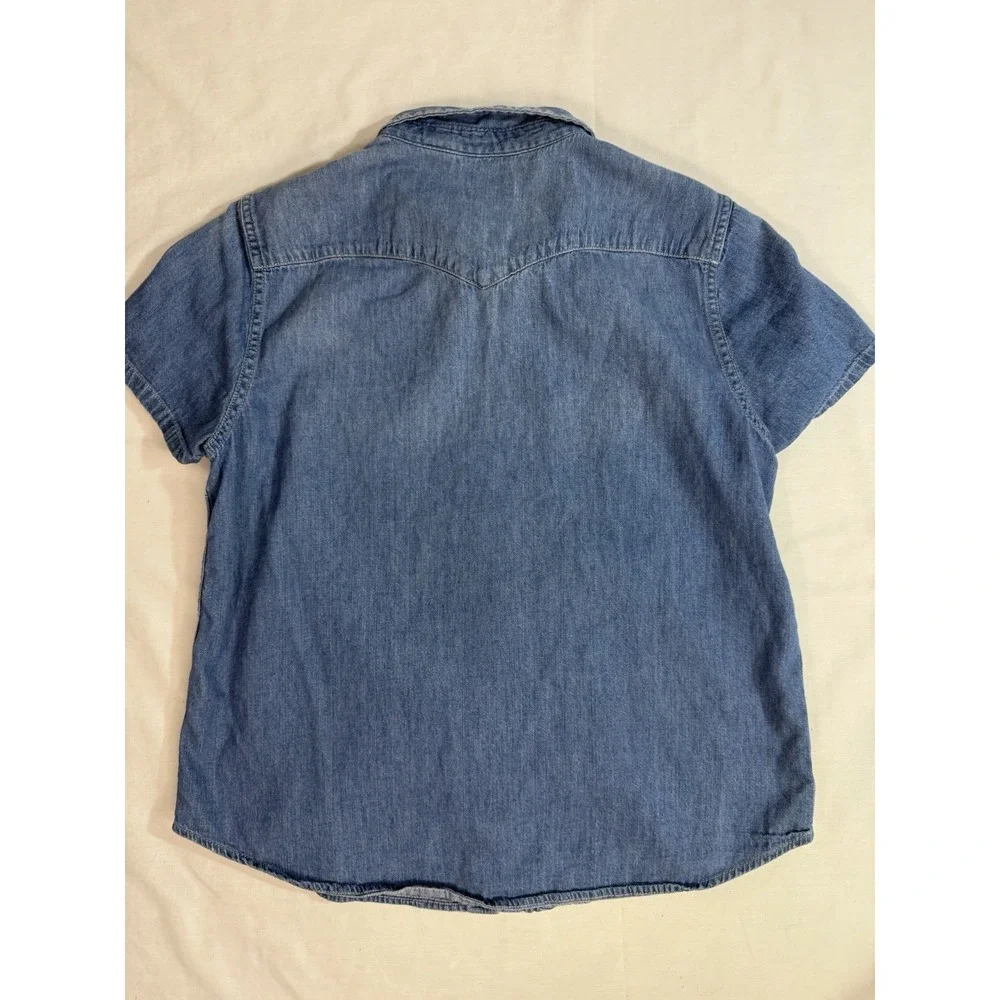 Levi Strauss & Co Denim Blue Jean Short Sleeve Snap Button Top Palm Trees Sz‎ LG